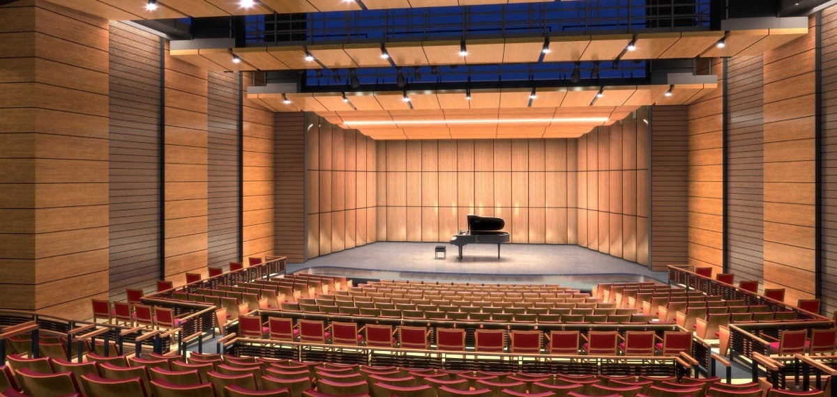 view of stage with grand piano from empty seats