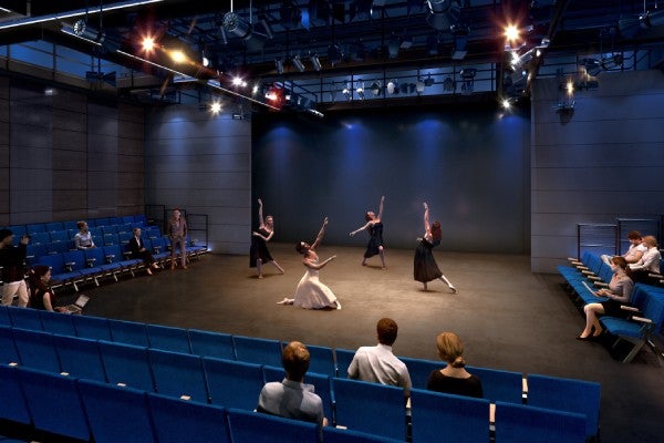 rendering of dancers dancing on black box stage